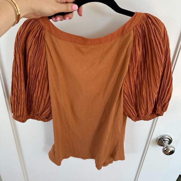 NWT Ulla Johnson Marika Top Puff Sleeves Scoop Neck Rib Knit Sz XL In Chestnut - Picture 10 of 11